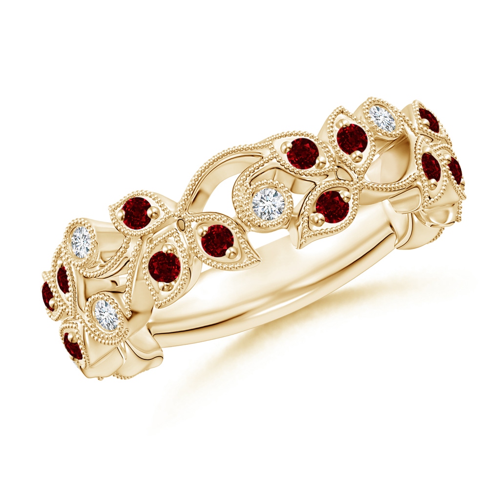 1.5mm AAAA Nature Inspired Round Ruby & Diamond Vine Band in Yellow Gold