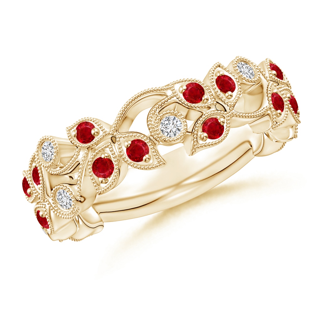 1.8mm AAA Nature Inspired Round Ruby & Diamond Vine Band in Yellow Gold 