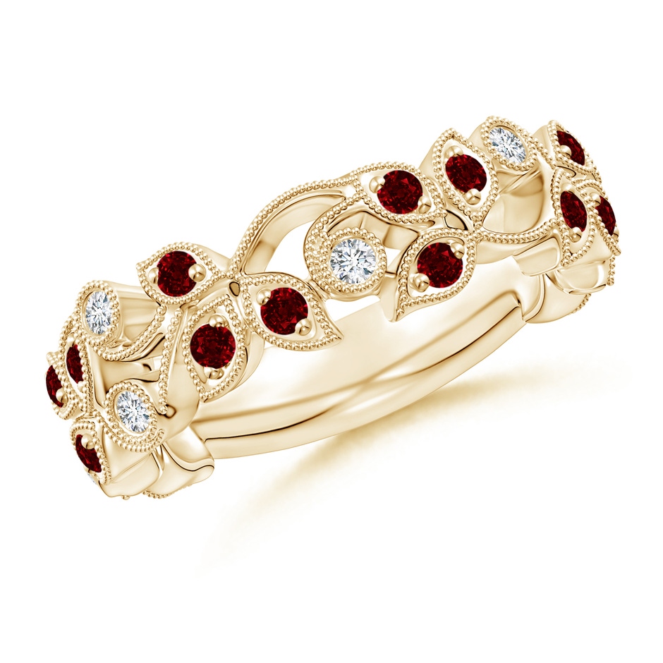1.8mm AAAA Nature Inspired Round Ruby & Diamond Vine Band in Yellow Gold 
