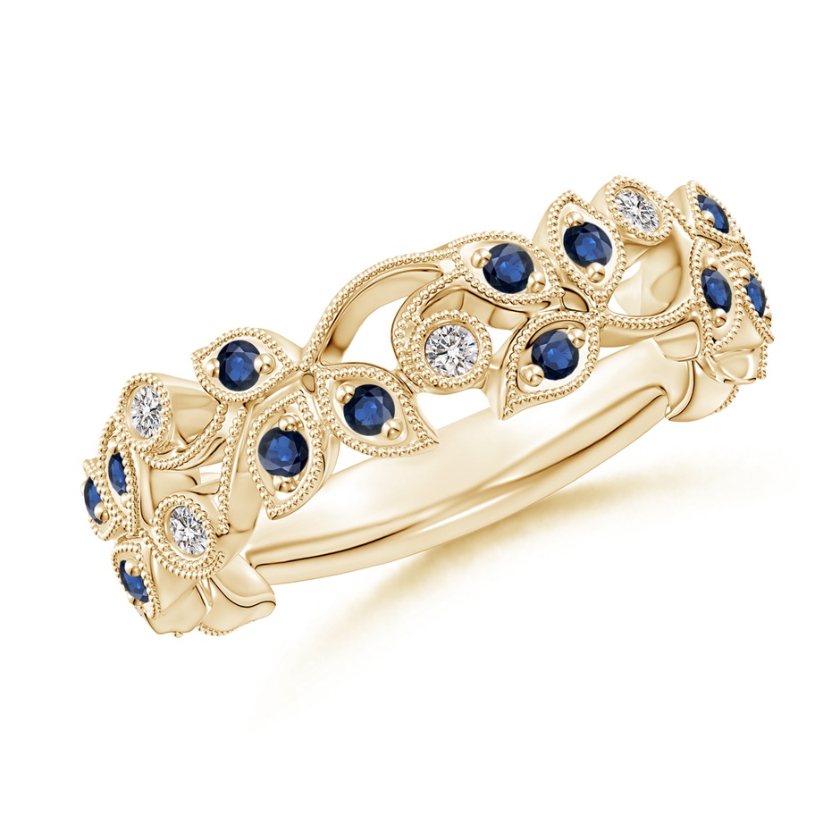 1.3mm AA Nature Inspired Round Blue Sapphire & Diamond Vine Band in Yellow Gold 