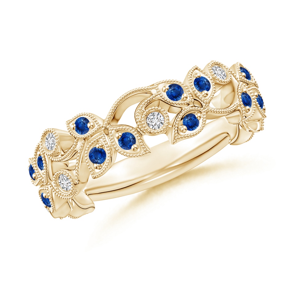 1.3mm AAA Nature Inspired Round Blue Sapphire & Diamond Vine Band in Yellow Gold 