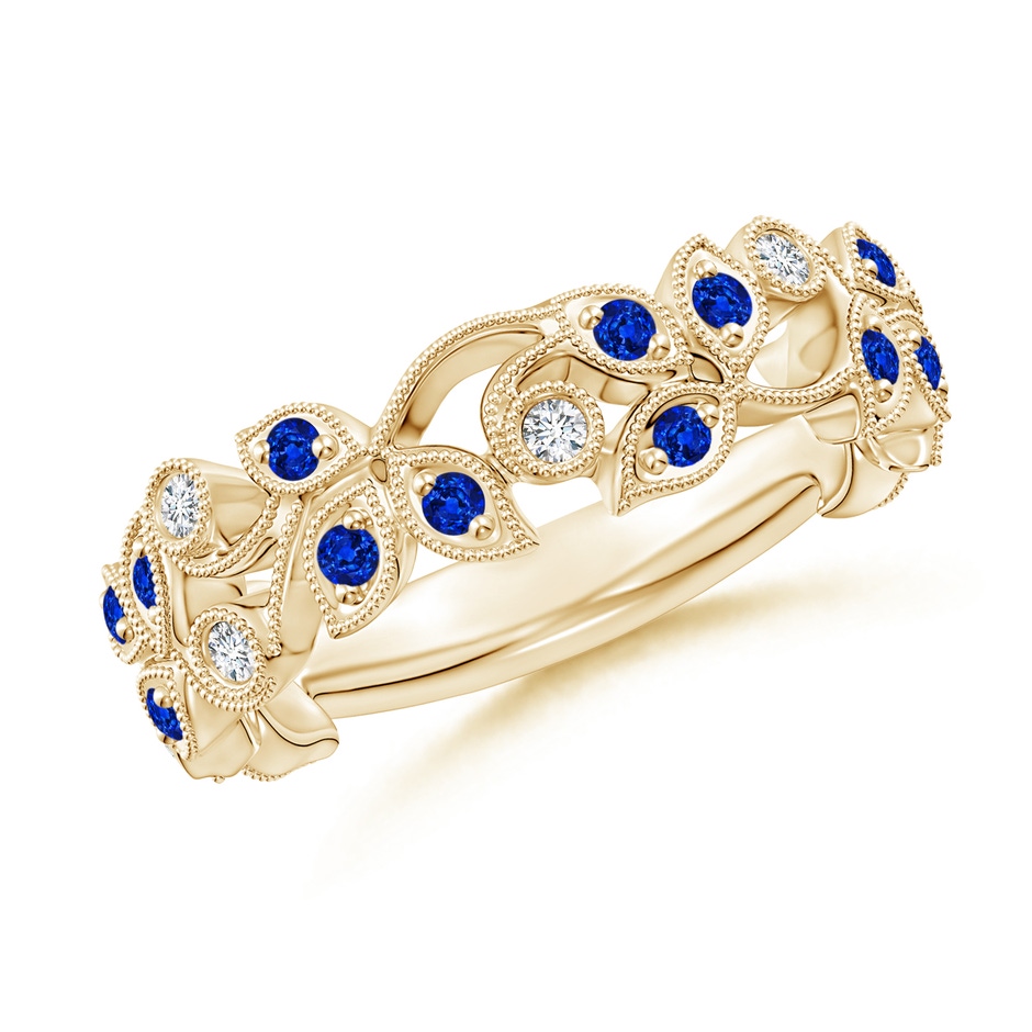 1.3mm AAAA Nature Inspired Round Blue Sapphire & Diamond Vine Band in Yellow Gold 