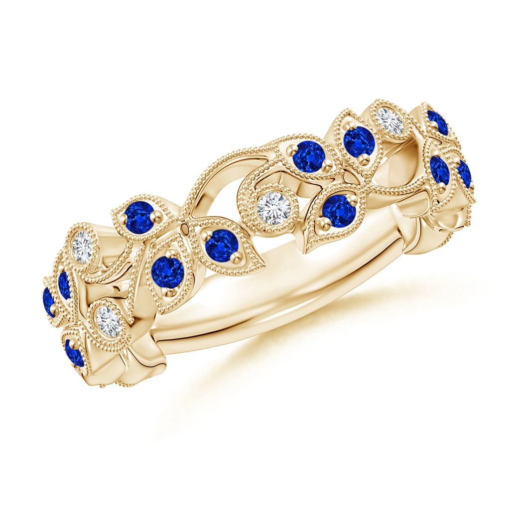 1.5mm AAAA Nature Inspired Round Blue Sapphire & Diamond Vine Band in Yellow Gold