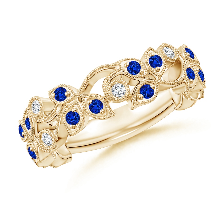 1.5mm AAAA Nature Inspired Round Blue Sapphire & Diamond Vine Band in Yellow Gold 