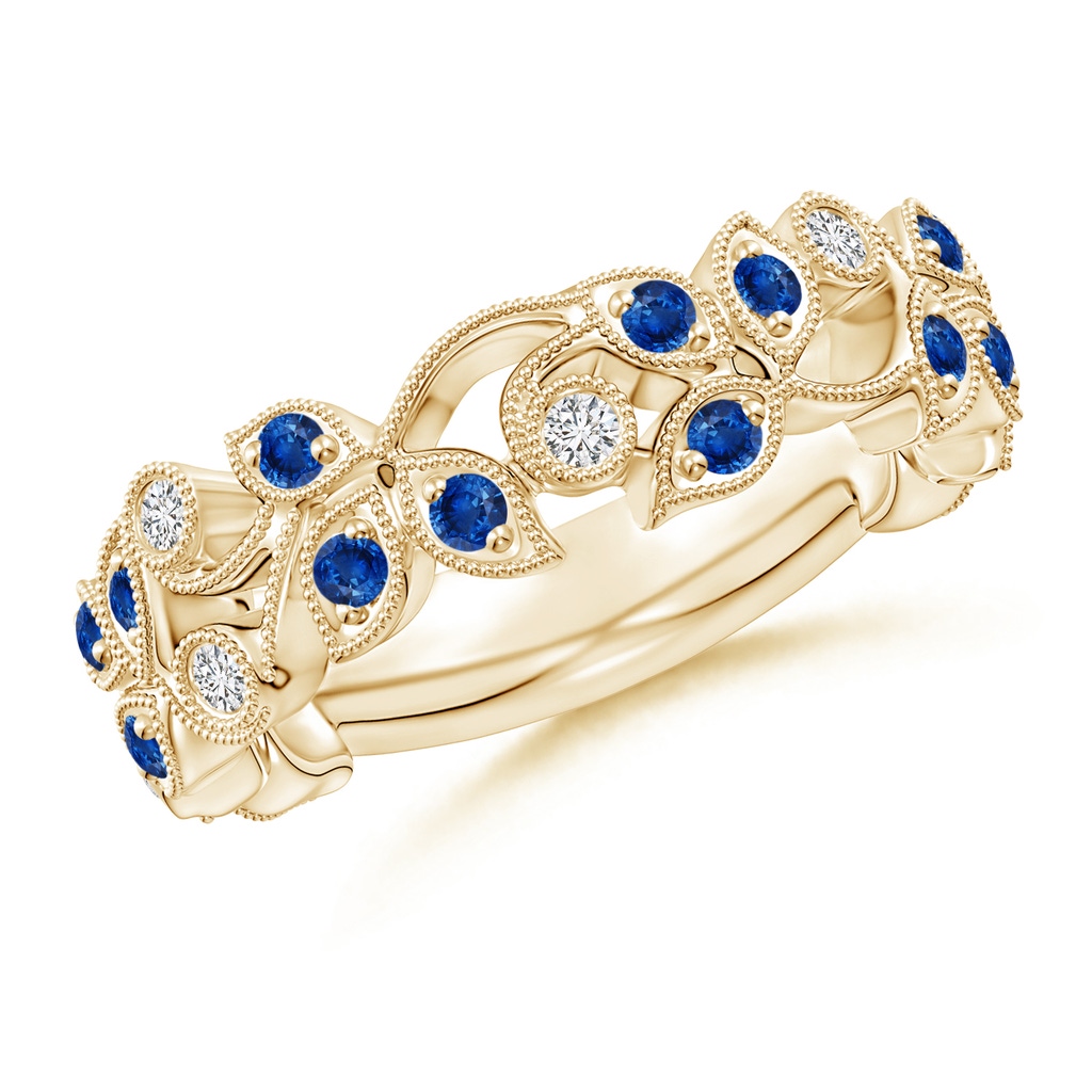 1.8mm AAA Nature Inspired Round Blue Sapphire & Diamond Vine Band in Yellow Gold