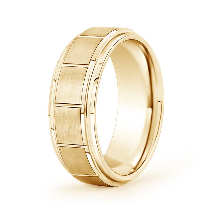 7 130 Column Grooves Brick Brushed Finish Wedding Band for Men in Yellow Gold