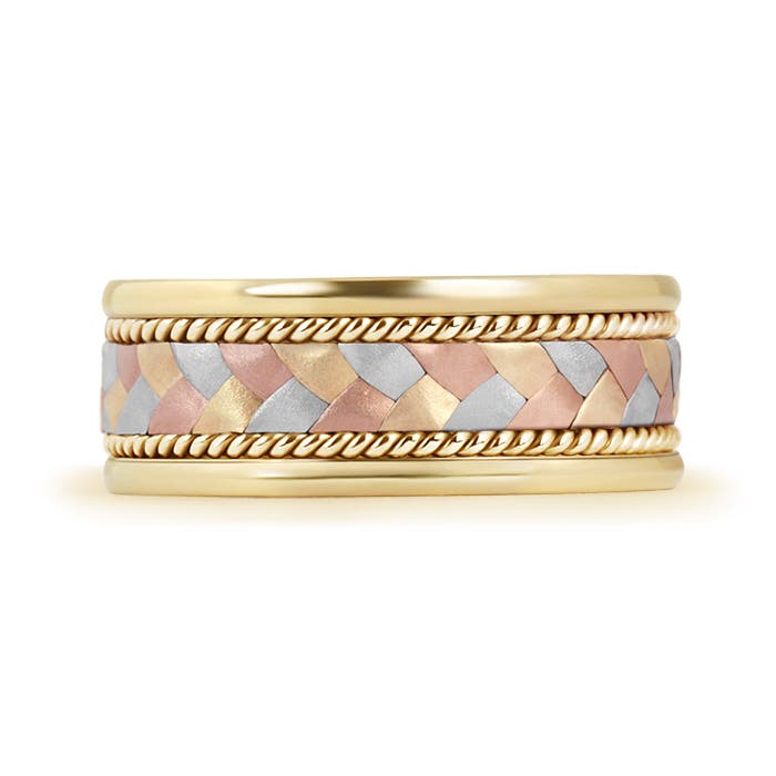 7 65 Men's Braided Rope Three Tone Wedding Band in Yellow Gold Rose Gold White Gold - side 1