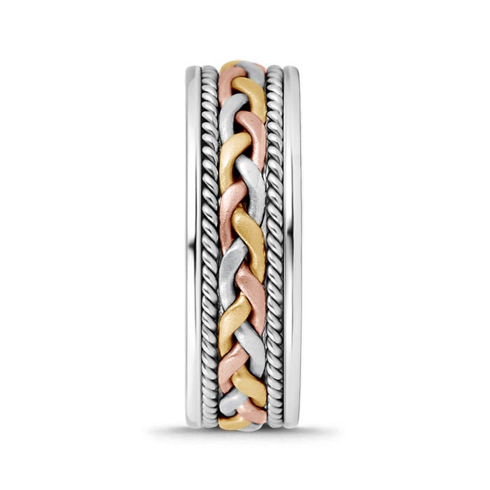 7 100 Tri Colour Comfort Fit Hand Woven Wedding Band for Him in Rose Gold Yellow Gold White Gold - side 2