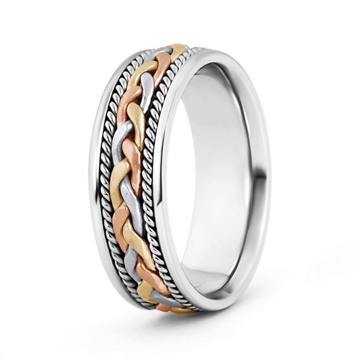 7 105 Tri Color Comfort Fit Hand Woven Wedding Band for Him in Rose Gold Yellow Gold White Gold