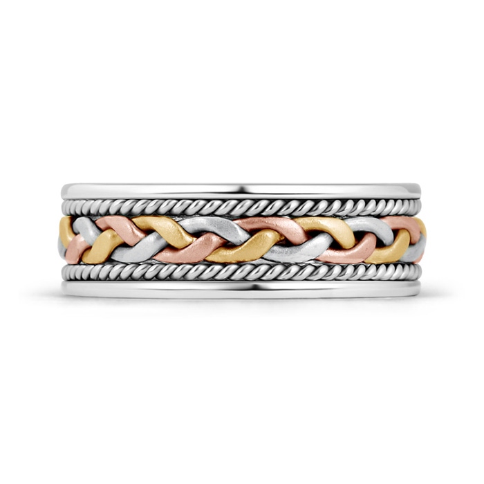 7 105 Tri Color Comfort Fit Hand Woven Wedding Band for Him in Rose Gold Yellow Gold White Gold Product Image
