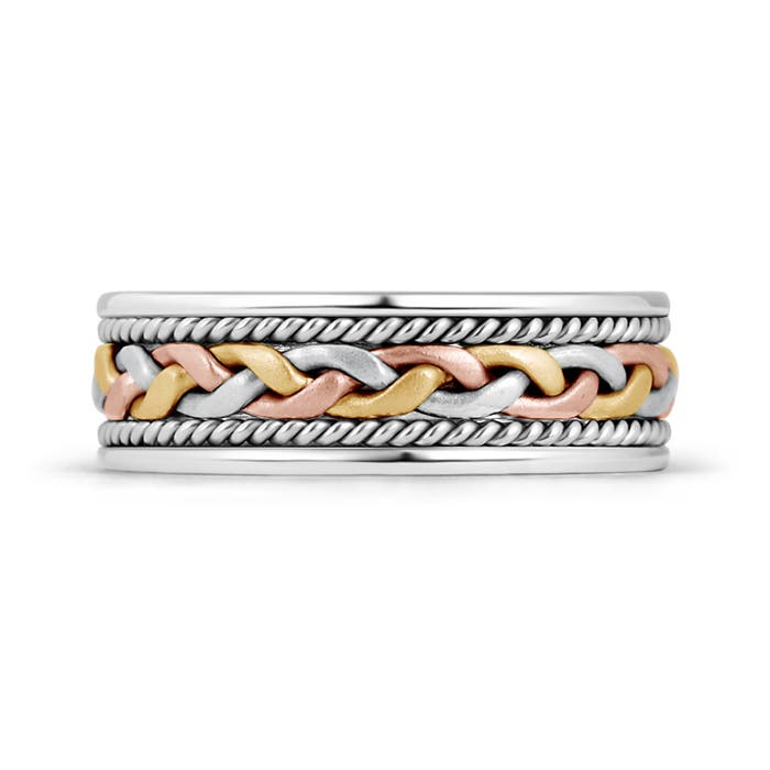 7 115 Tri Colour Comfort Fit Hand Woven Wedding Band for Him in Rose Gold Yellow Gold White Gold - side 1
