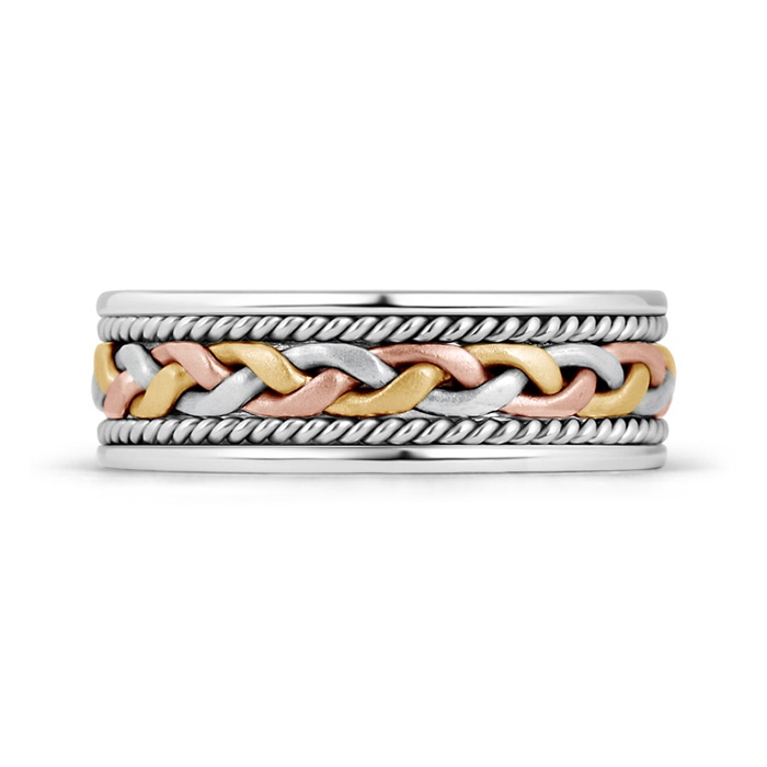 7 40 Tri Color Comfort Fit Hand Woven Wedding Band for Him in Rose Gold Yellow Gold White Gold product image