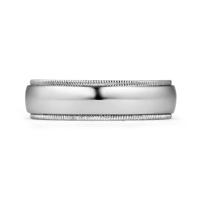 6 100 Low Dome Comfort Fit Milgrain Wedding Band for Him in White Gold
