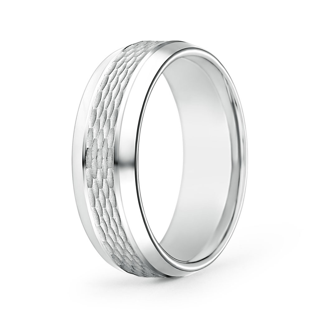 7 100 Beveled Edges Comfort Fit Textured Wedding Band for Him in White Gold