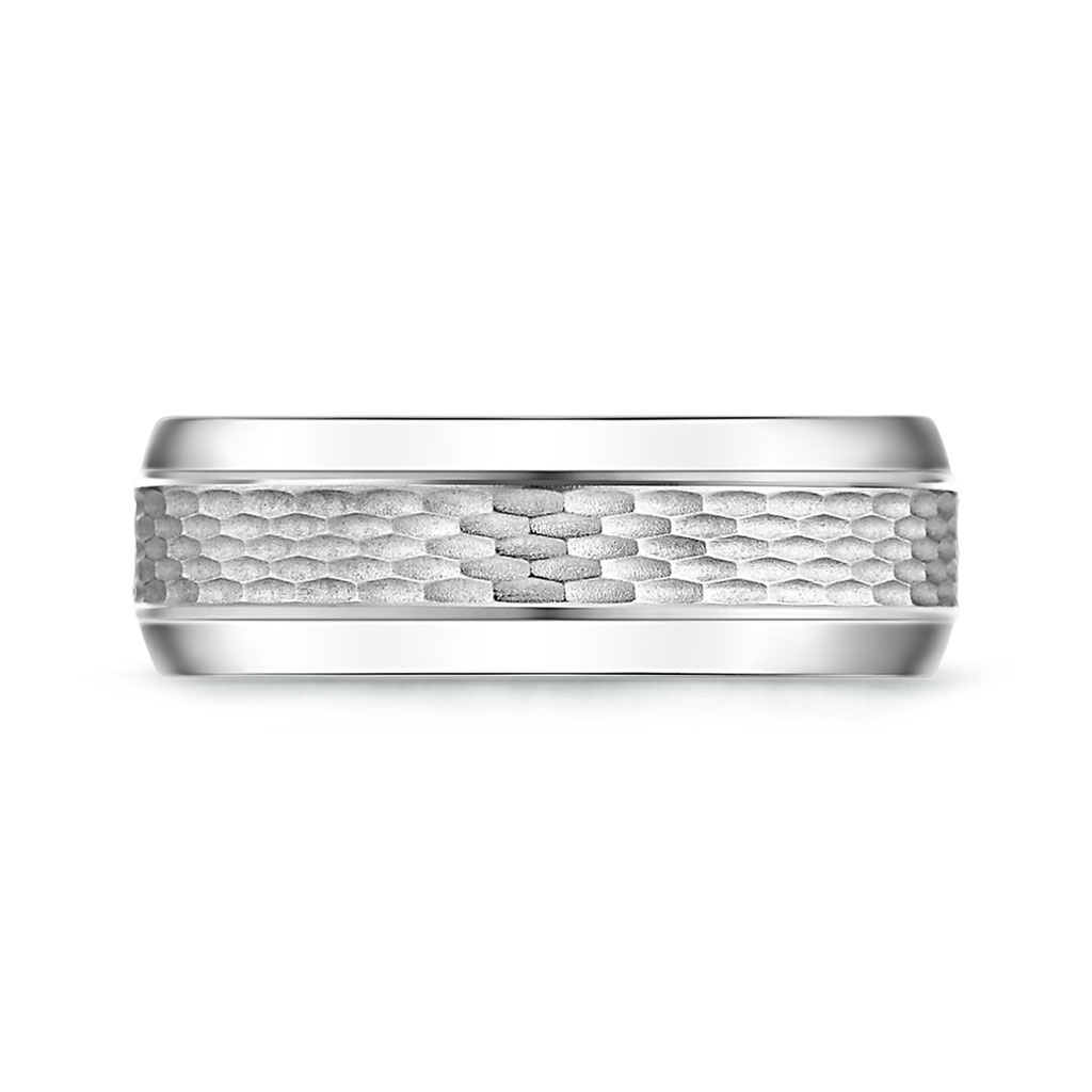 7 100 Beveled Edges Comfort Fit Textured Wedding Band for Him in White Gold Product Image