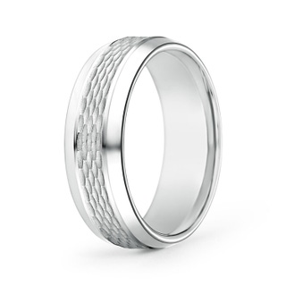 7 130 Beveled Edges Comfort Fit Textured Wedding Band for Him in White Gold