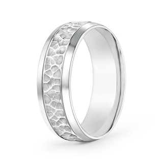 7 100 Beveled Edges Comfort Fit Hammered Wedding Band for Him in White Gold