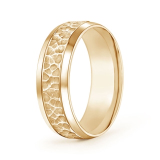 7 100 Beveled Edges Comfort Fit Hammered Wedding Band for Him in Yellow Gold