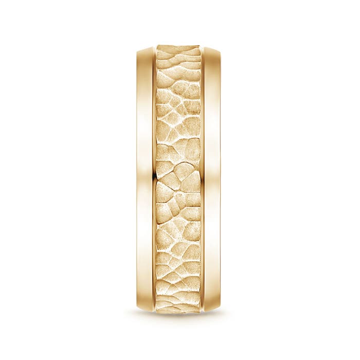 7 105 Beveled Edges Comfort Fit Hammered Wedding Band for Him in Yellow Gold - side 2