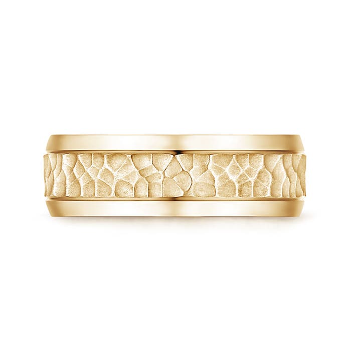 7 110 Beveled Edges Comfort Fit Hammered Wedding Band for Him in Yellow Gold