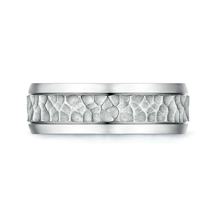 7 130 Beveled Edges Comfort Fit Hammered Wedding Band for Him in White Gold