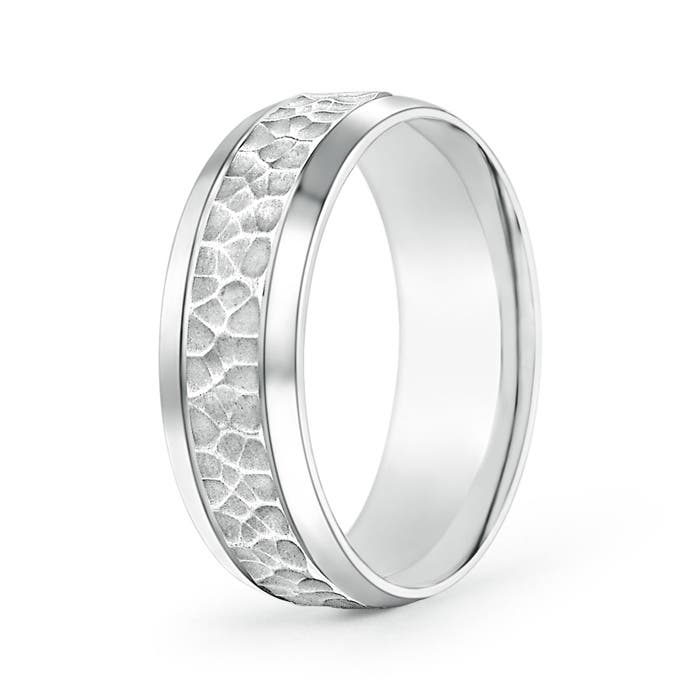 7 50 Beveled Edges Comfort Fit Hammered Wedding Band for Him in White Gold