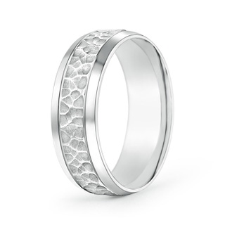 7 90 Beveled Edges Comfort Fit Hammered Wedding Band for Him in White Gold