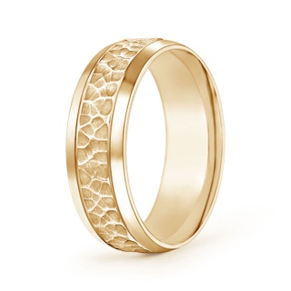 7 95 Beveled Edges Comfort Fit Hammered Wedding Band for Him in Yellow Gold