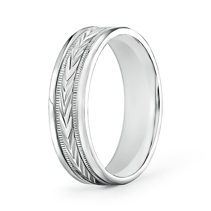 6 65 Comfort Fit Arrow Pattern Men's Milgrain Wedding Band in White Gold