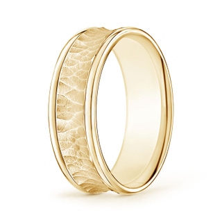 7 105 Polished Edges Hammered Finish Concave Wedding Band for Him in Yellow Gold