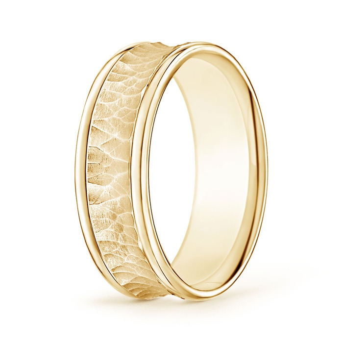 7 40 Polished Edges Hammered Finish Concave Wedding Band for Him in Yellow Gold