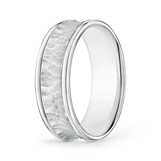 7 75 Polished Edges Hammered Finish Concave Wedding Band for Him in White Gold