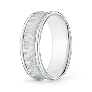 7 80 Polished Edges Hammered Finish Concave Wedding Band for Him in White Gold