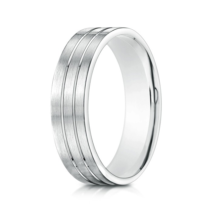 6 100 Satin Parallel Grooved Men's Comfort Fit Wedding Band in White Gold 