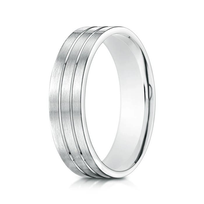 6 120 Satin Parallel Grooved Men's Comfort Fit Wedding Band in White Gold