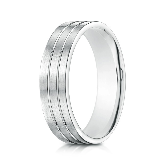 6 75 Satin Parallel Grooved Men's Comfort Fit Wedding Band in White Gold