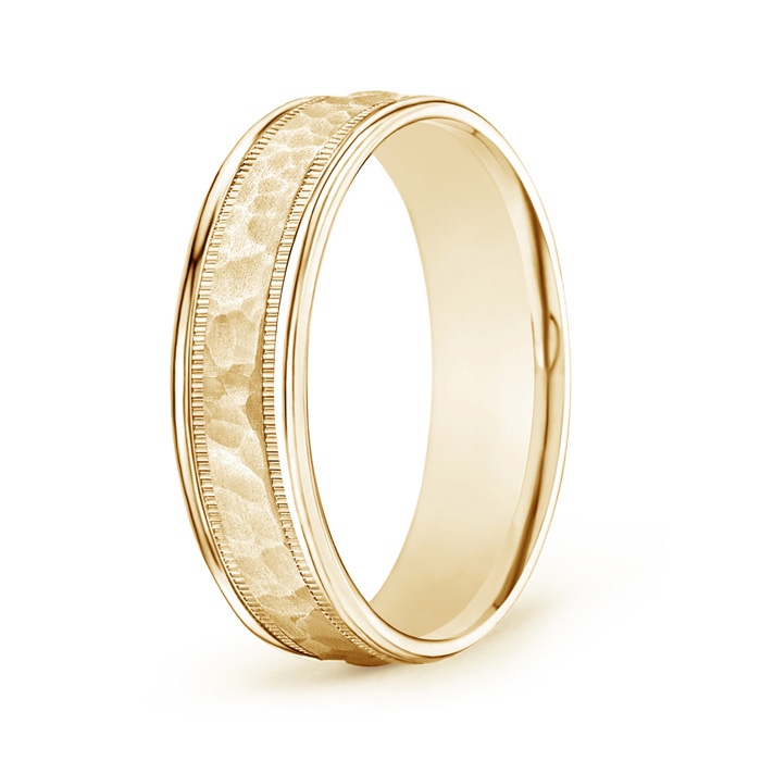 6 100 Hammered Finish Men's Milgrain Edge Wedding Band in Yellow Gold