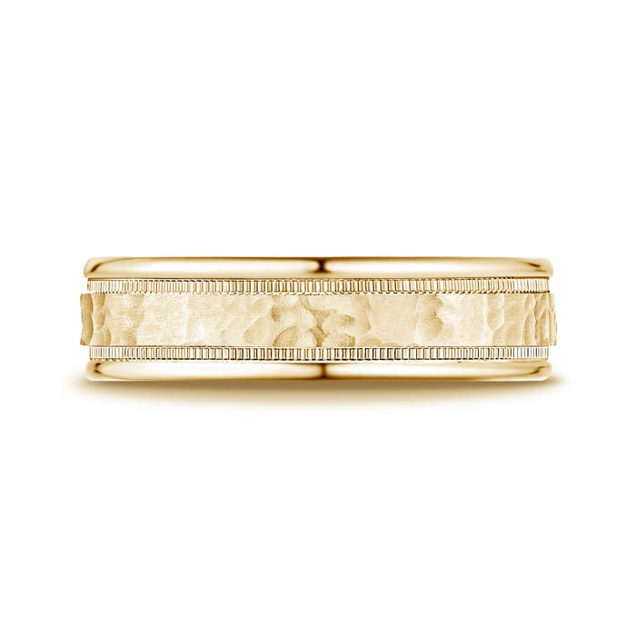6 115 Hammered Finish Men's Milgrain Edge Wedding Band in Yellow Gold