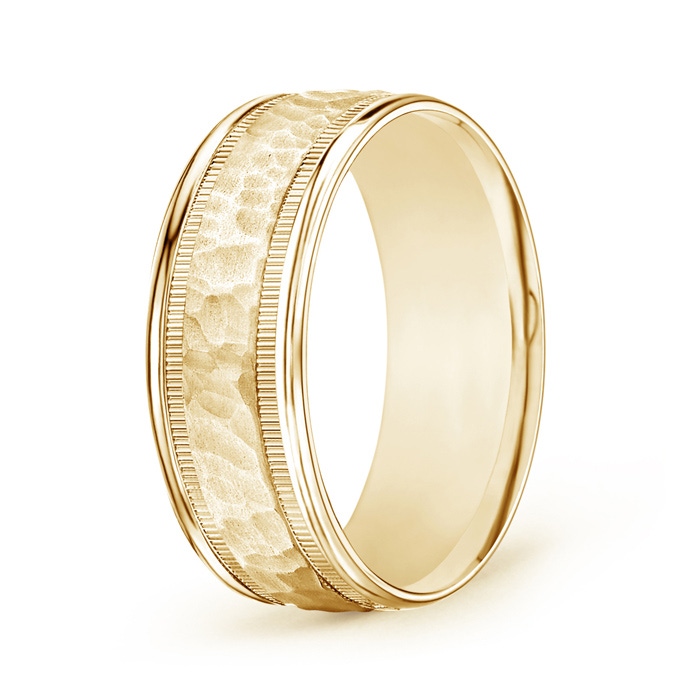 8 105 Hammered Finish Men's Milgrain Edge Wedding Band in Yellow Gold 