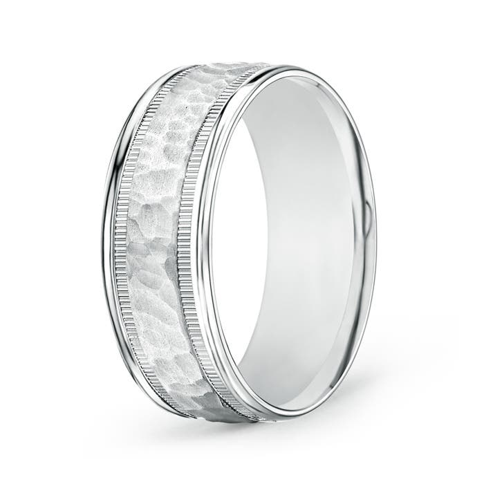 8 60 Hammered Finish Men's Milgrain Edge Wedding Band in White Gold