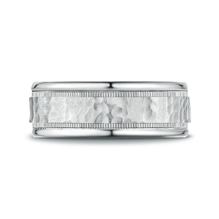 8 60 Hammered Finish Men's Milgrain Edge Wedding Band in White Gold