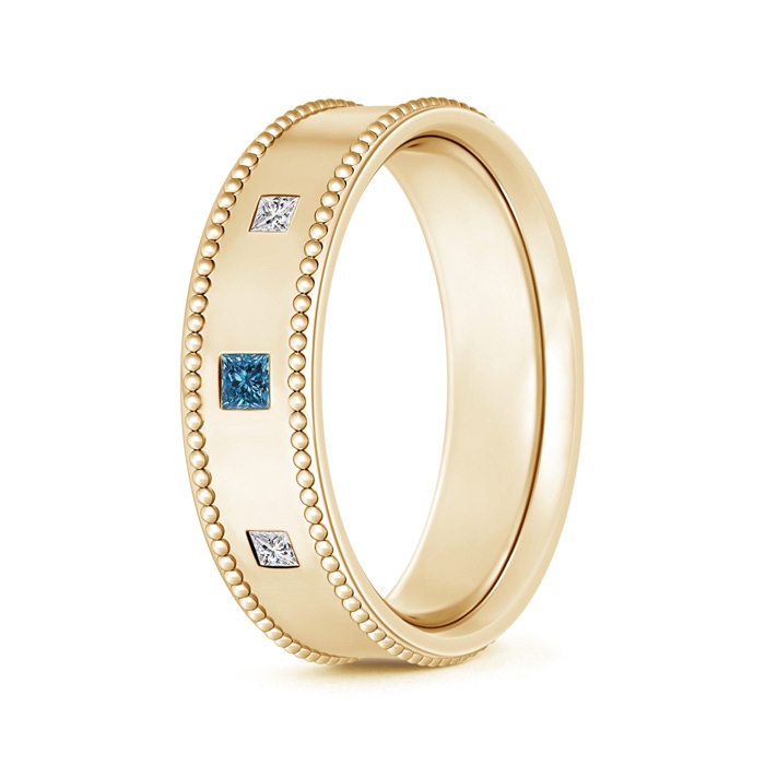 2.5mm AAA 3 Stone Princess White & Enhanced Blue Diamond Men's Wedding Band in 100 Yellow Gold
