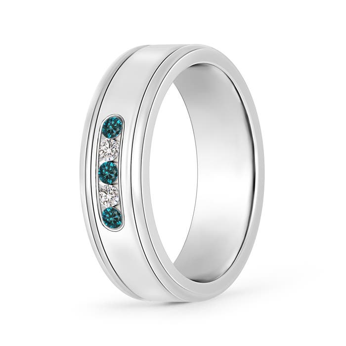 2mm AA Blue and White Diamond Five Stone Grooved Wedding Band in 100 White Gold