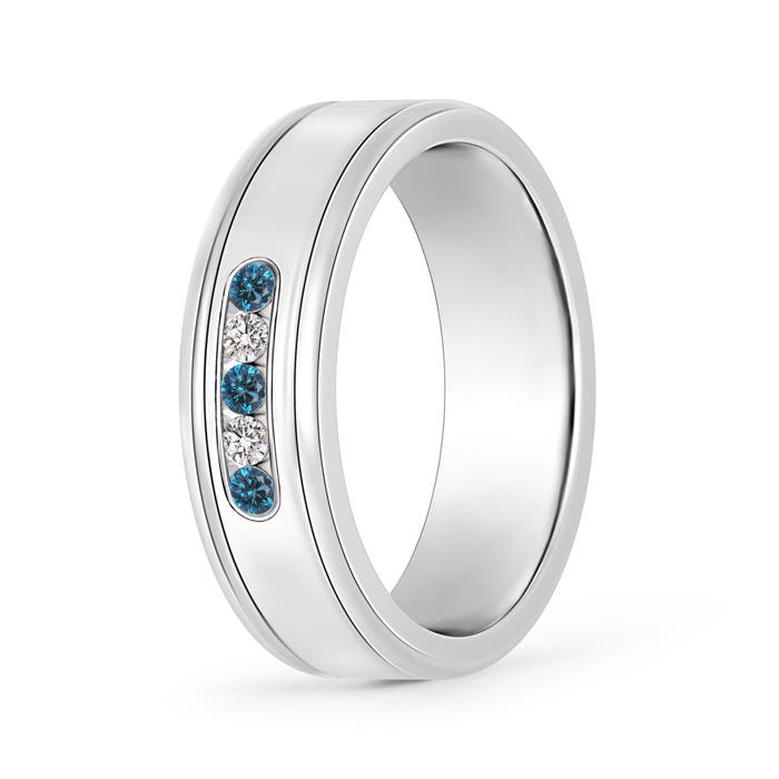 2mm AAA Blue and White Diamond Five Stone Grooved Wedding Band in 105 P950 Platinum
