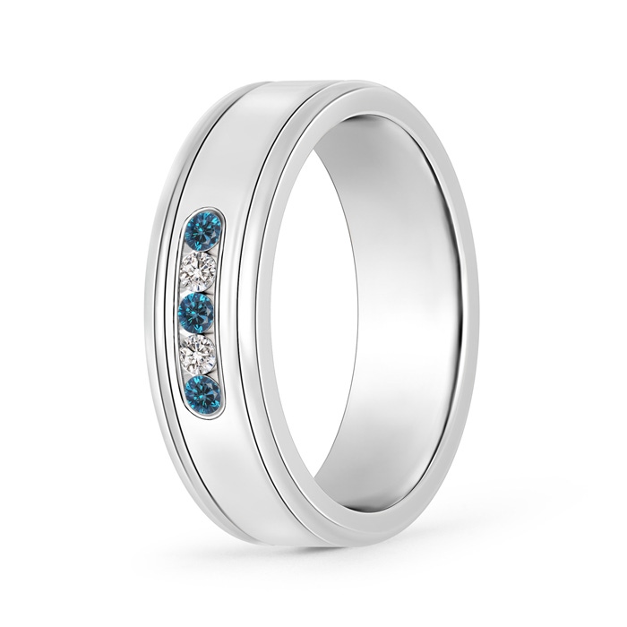 2mm AAA Blue and White Diamond Five Stone Grooved Wedding Band in 105 White Gold