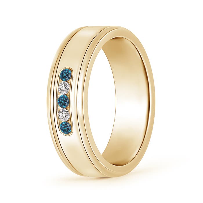 2mm AAA Blue and White Diamond Five Stone Grooved Wedding Band in 105 Yellow Gold