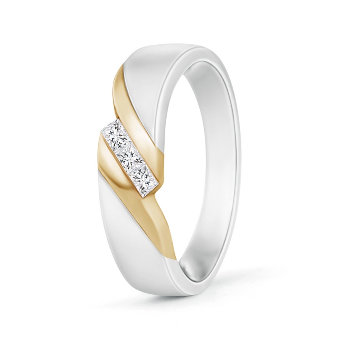 2.5mm HSI2 Two Tone Diagonal Channel Diamond 3 Stone Band for Him in 65 White Gold Yellow Gold 