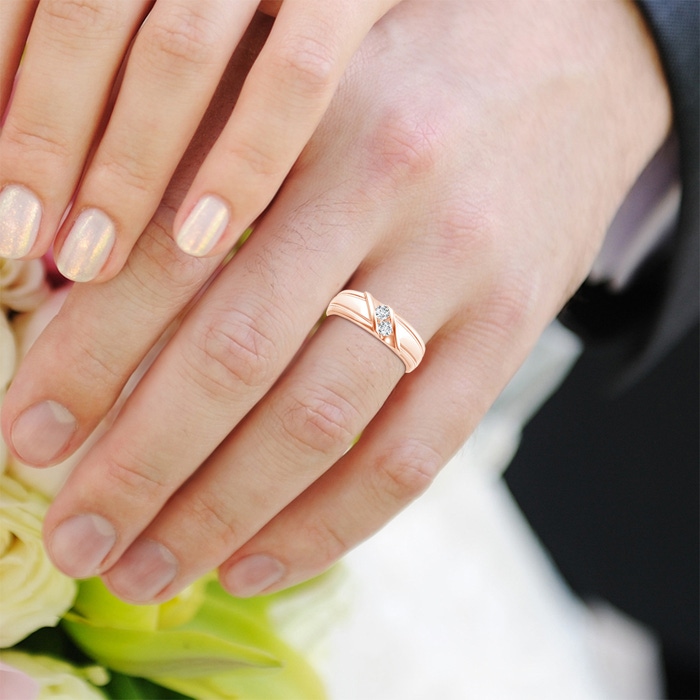 3.2mm GVS2 Diagonal Two Stone Diamond Wedding Band with Ridged-Edge in Rose Gold - body_hand