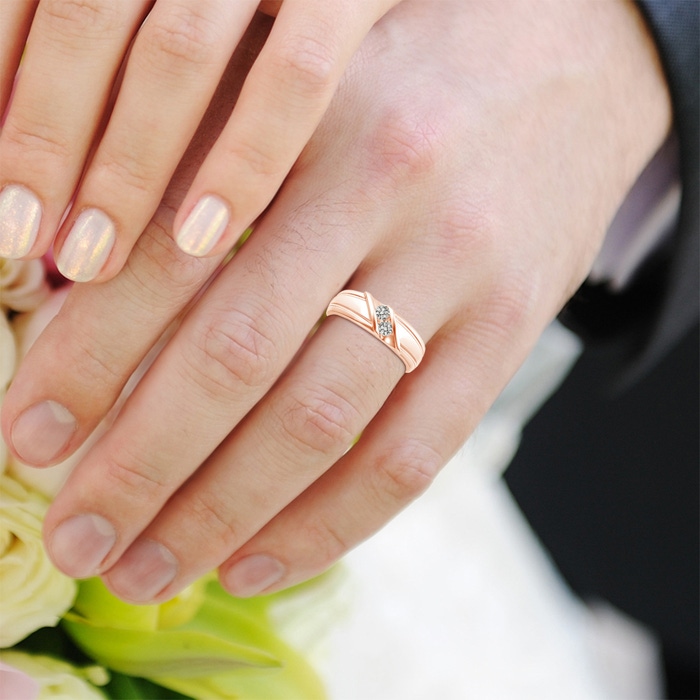3.2mm KI3 Diagonal Two Stone Diamond Wedding Band with Ridged-Edge in Rose Gold body-hand