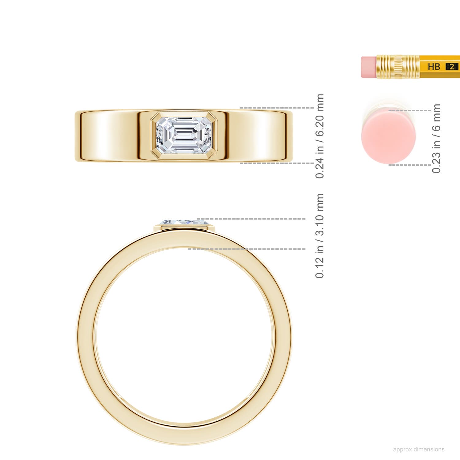 6x4mm HSI2 East-West Emerald-Cut Diamond men's Ring in Yellow Gold - ruler